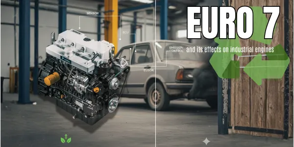 A modern industrial engine with emission control systems, contrasted with a polluting road vehicle to represent the Euro 7 regulatory environment.
