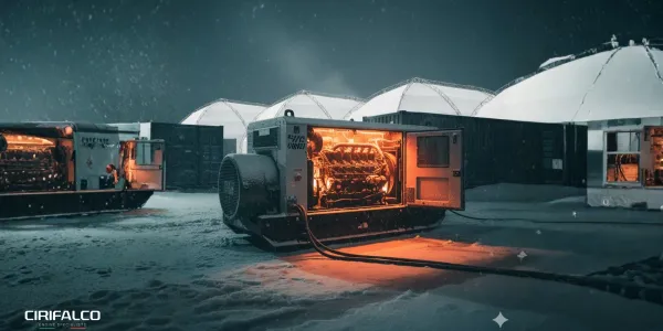 Generator with engine visible, operating in snowy winter conditions near technical containers and field tents.